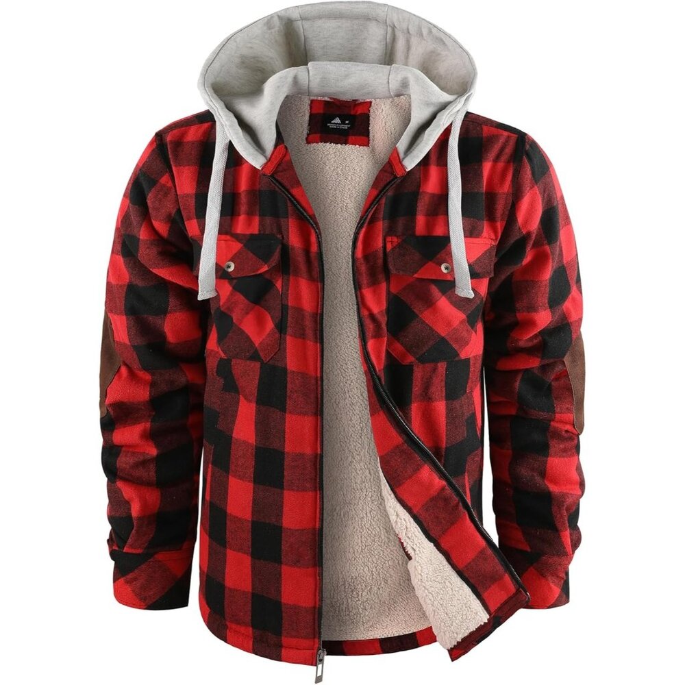 Mens Hooded Red Black Sherpa Line Plaid Flannel Jacket Warm Winter Fleece Coat. - Picture 1 of 6